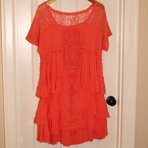 Free People Bright coral orange tiered mini dress lace 1920's size large
